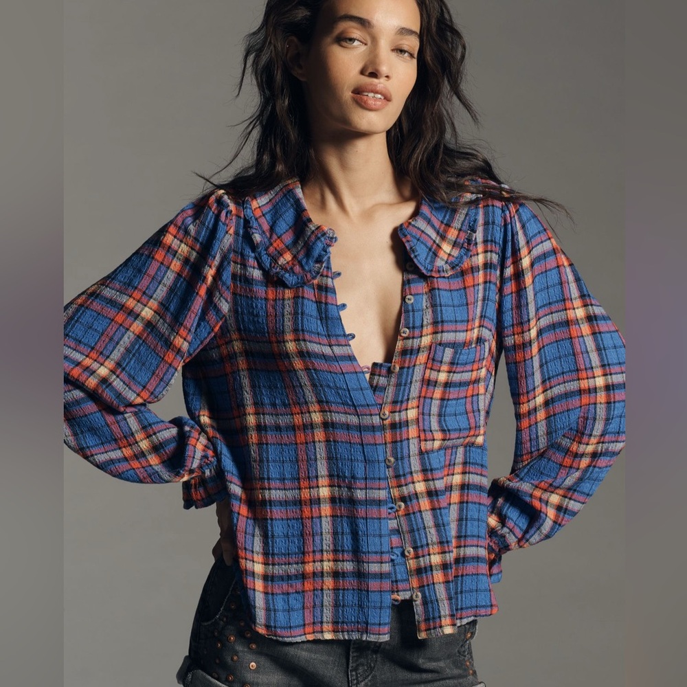 The Keira Collared Button-Front Blouse by Pilcro: Long-Sleeve Plaid Edition